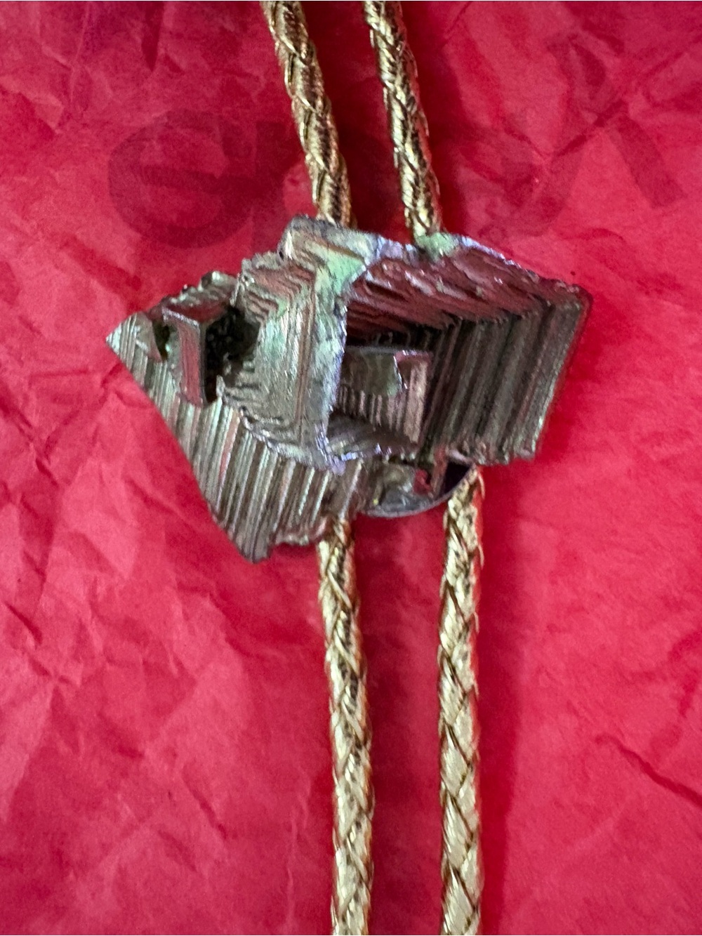 Iridescent Bismuth Pendant Bolo Tie with Gold Braid